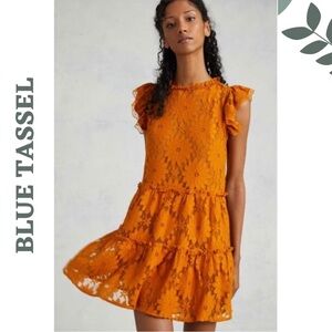 Anthropologie Blue Tassel Lace Dress 2X Rust Orange Ruffle Boho